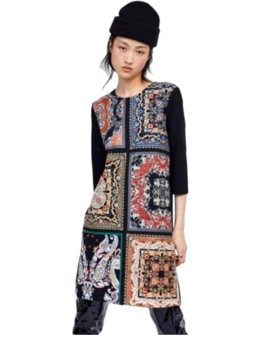 NWT Zara Black Mosaic Paisley Print Mini Dress Stretch Sheath Colorful Womenβs M